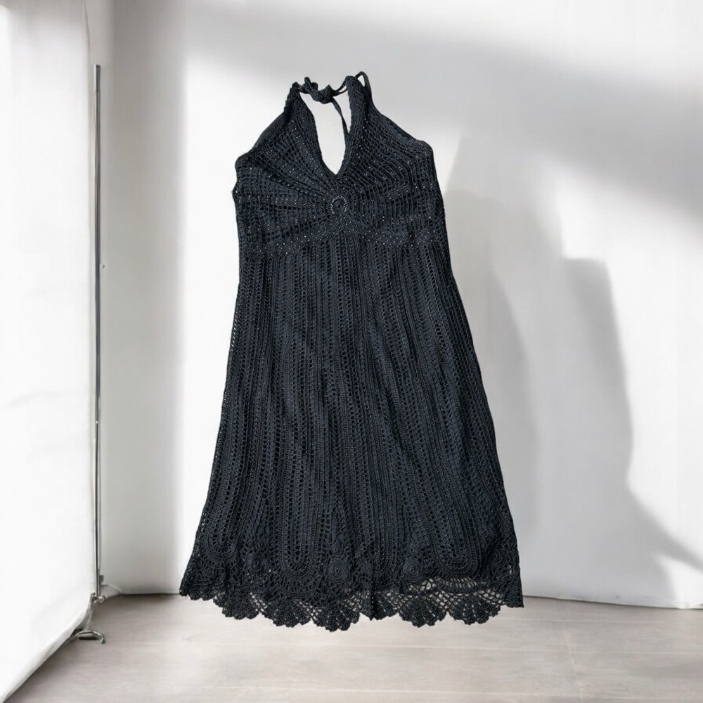 Elegant Black Crochet Halter Dress